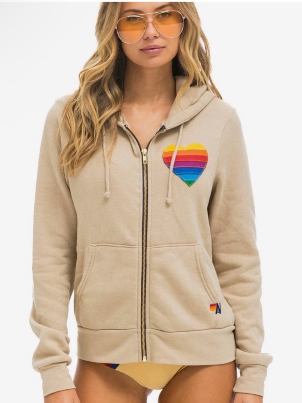 Aviator Nation Rainbow Heart Hoodie Womens XL Sand Beige Zip Sweatshirt